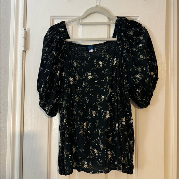 🇺🇸 3/$15 Old Navy - Puff-Sleeve Smocked Floral-Print Swing Blouse XL navy blue - Picture 2 of 6